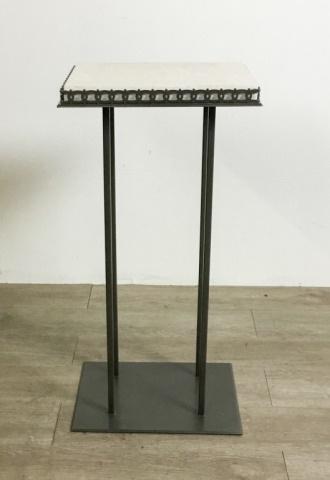 Travertine Top Pedestal: Bronze base with inset top. 14"L x 11"W x 28 3/4"H