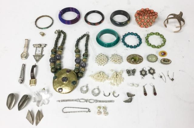 Costume & Sterling Jewelry & Watches: Watches including Seiko, Forem; bangles, brooches, earrings including sterling, rhinestone jewelry, signed LDA butterfly pin, crystal pendant