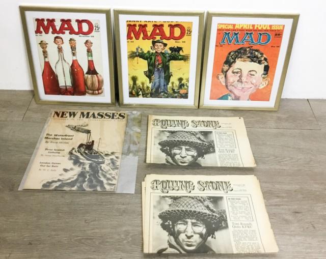 Lot of MAD, New Masses & Rolling Stone Magazines: New Masses, September 22, 1936; 2 September 1986 reprints of Rolling Stone Vol. I, No. I, originally printed November 9, 1967; 3 issues of MAD Magazine - No. 39, May 1958; No. 42, November 1958; No. 4