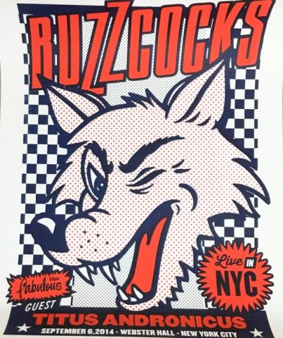 Concert Poster Buzzcocks: Buzzcocks with Titus Andronicus, September 6, 2014, Webster Hall, New York. Pencil signed and numbered 27/70. Unframed. 24" x 18"