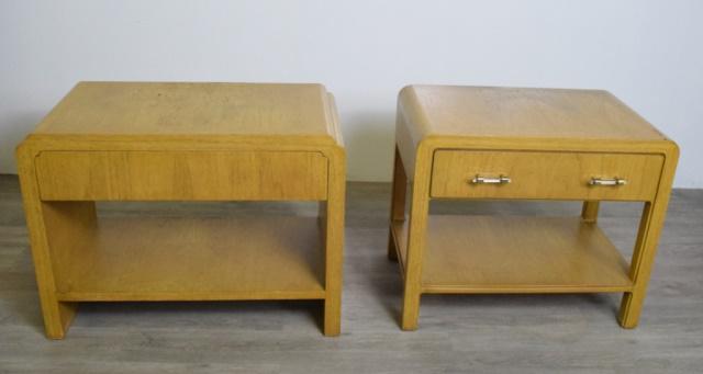 Near Pair of Mid-Century Beechwood Night Stands: Smaller with brass and acrylic drawer pulls.