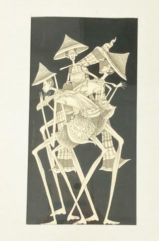 Balinese Pen & Ink: Unsigned, 7" x 3 1/2". Frame chipped.