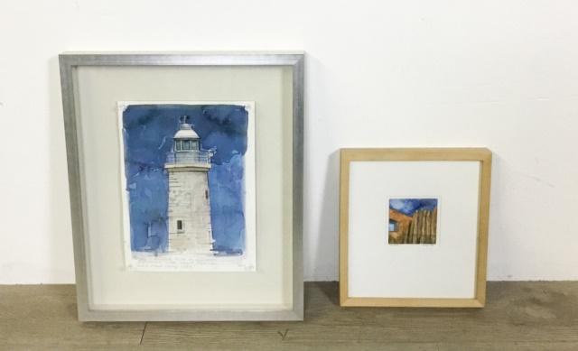 2 Watercolors: Log Fence, pencil signed illegibly lower right and dated 1993, 3" x 3"; Cuban Lighthouse, pencil signed illegibly lower right and dated 2014, 10 1/2" x 8".