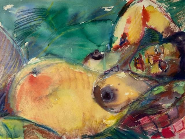 Watercolor & Pastel Reclining Nude: Unsigned, 21 1/2" x 29 1/4"