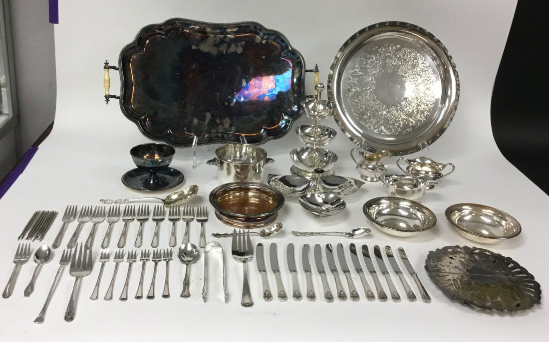 Silver-plate Grouping: Trivet, sauce boat, Rogers sugar & creamer, three tier serving dish, three section serving dish, wine coaster, bucket, bowl with underplate, 2 Rogers bowls, Wilcox round serving tray, serving tray wit