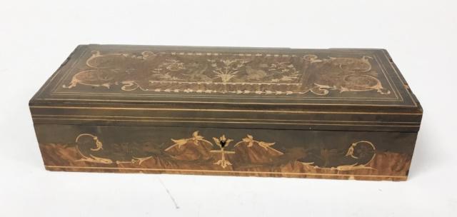 Italian Marquetry Glove Box: 19th century. Chips on lid and bottom edge. 2 1/2"H x 12"W x 5"D