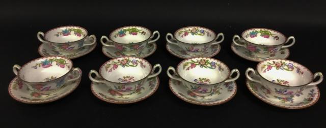 Set of 8 Minton Cuckoo Pattern Bouillons & Saucers: Saucers 6"-diameter. Paint flake on rim of one saucer.