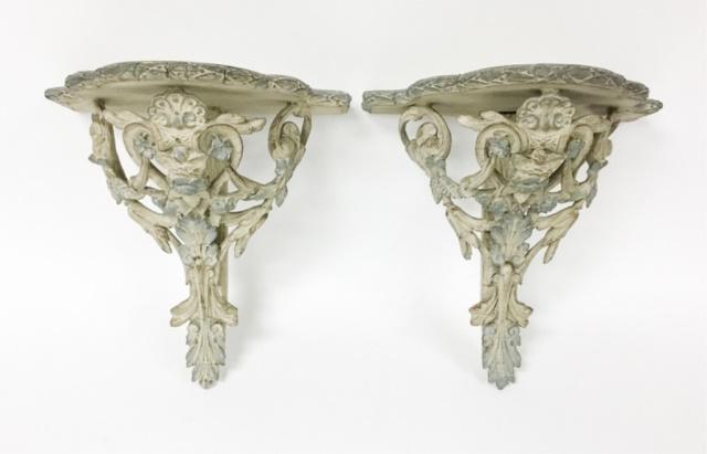 Pair of Carved Painted Wall Shelves/Brackets: Each 15"H x 12 1/2"W x 8 1/4"D. One end glued.