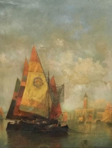 19th Century Oil on Canvas Venetian Harbor Scene (1 of 7)