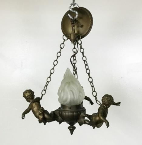 French Cherub Hall Fixture: With glass shades. 15"L