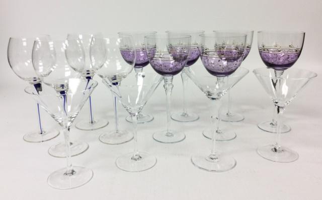 Group of Wine and Martini Glasses: Group of (4) Wine Glasses with "Blue Glass Stem", (6) Wine Glasses with Gold and Amethyst Trim, (4) Martini Glasses, (1) Martini Glass with Etched Glass Figure Head on Stem