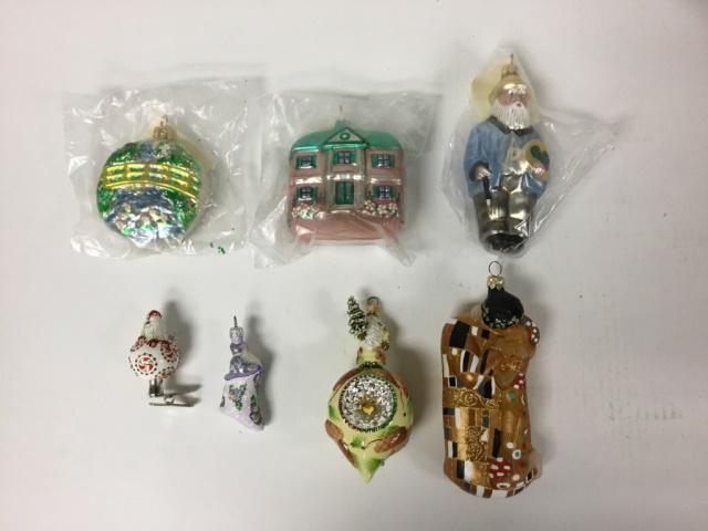 7 Patricia Breen Ornaments: Including Santa, Claude Monet, 1995 AIC Exclusive house. Largest 6"H