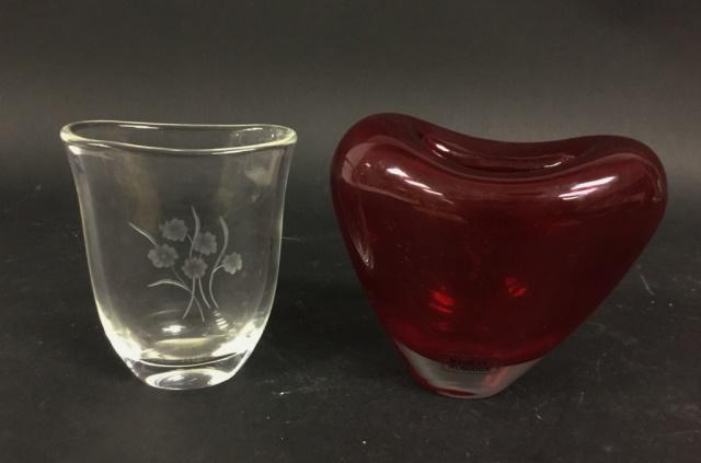 Two Art Glass Vases: One with etched flower decoration signed Orrefors; one red, marked Made in Romania. Orrefors 4 3/4"H