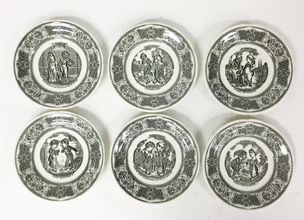 Gien France Black & White Plates: (6) Gien France Black & White Plates - Depicting Different Scenes Diameter: 7 3/4"