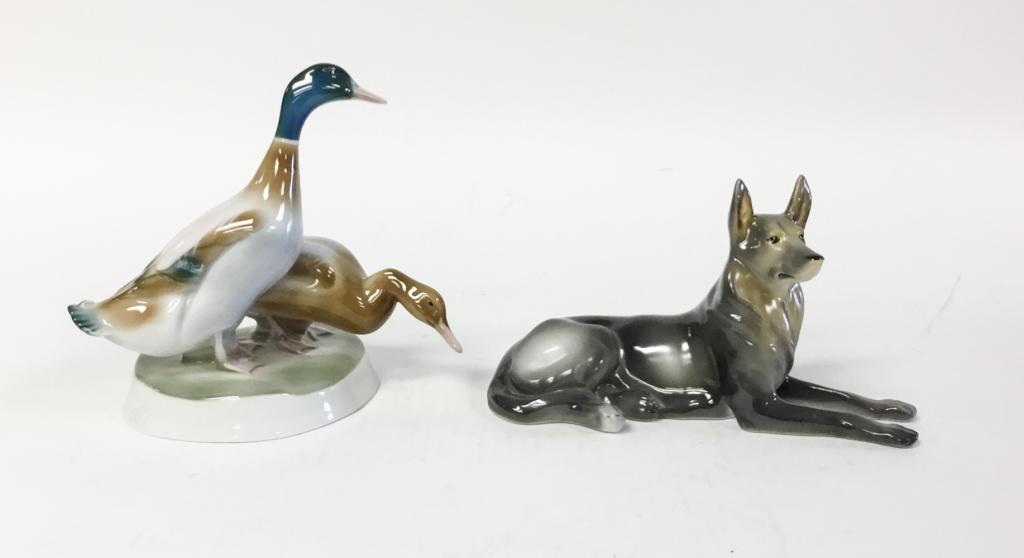 Zsolnay & Hollohaza Hungarian Porcelain Animals: Zsolnay duck group, 6 3/4"H x 7 1/4"L; Hollohaza dog, 4 1/2"H x 8"L