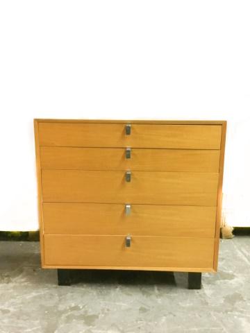 George Nelson Designed for Herman Miller Dresser: George Nelson Designed for Herman Miller Mid-Century Modern Maple Veneered Dresser with Five Drawers with Chrome-Plated Drawer Pulls; Sitting atop Rectangular Ebonized Wood Legs; Manufacturer's sticke