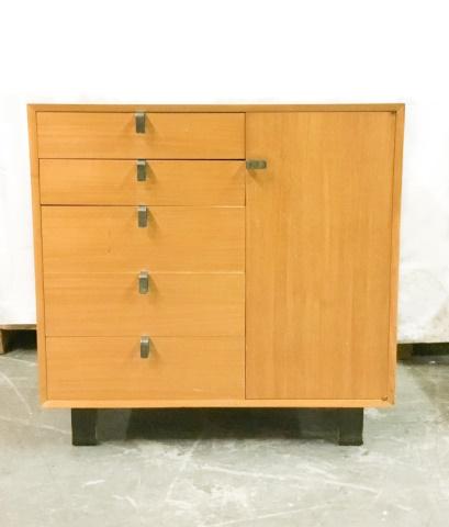 George Nelson Designed for Herman Miller Dresser: George Nelson Designed for Herman Miller Mid-Century Maple Veneered Dresser with Five Drawers on Left Side and Door on Right Side Opening to Three Shelves with Chrome-Plated Drawer Pulls; Sitting atop