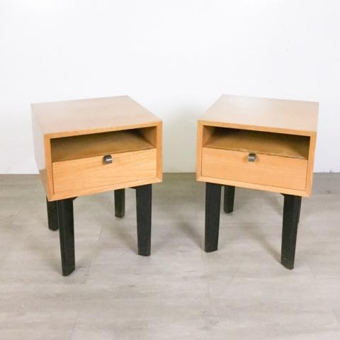George Nelson Designed for Herman Miller Stands: Pair of George Nelson Designed for Herman Miller Maple Nightstands each with a Top Shelf and Drawer Underneath with Chrome-Plated Drawer Pulls on Ebonized Cross Bracket Feet; Manufacturer's sticker in