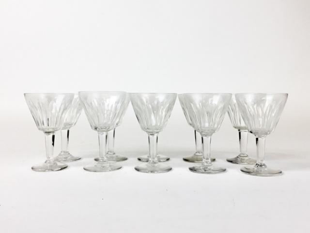 10 Baccarat Crystal Cordials: 10 Baccarat French crystal cordials in Val de Loire pattern. Rim chipped on one. Each 3 1/4"H