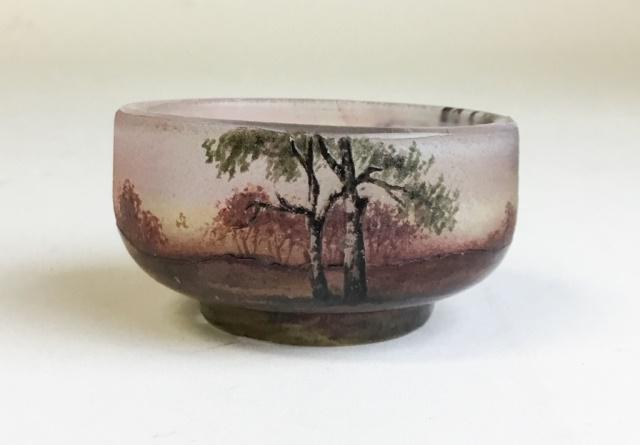 Daum Nancy French Glass Hand Painted Salt: Hand painted with landscape scene, signed on underside Daum Nancy. 1"H x 2"-diameter
