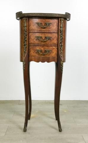 French Louis XVI Marquetry Side Table: French Louis XVI Style Marquetry Side Table, inlaid on top & side, bronze gallery & mounts. on Side of Leg and Feet - (3) Drawer 13 1/4" L X 10" D X 28 1/2" H
