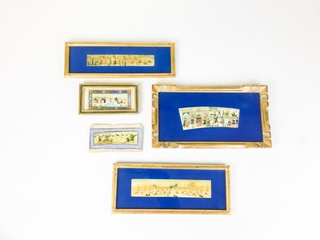 Group of 5 Persian Paintings on Bone: Unframed, 1 1/4" x 4 3/4"; 4 framed, 1 1/2" x 4", 1 1/2" x 7 3/4", 2" x 8 1/2", 2 1/2" x 6 1/2"