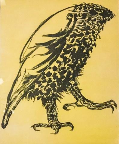 Leonard Baskin Wood Engraving Owl: Wood engraving of an owl, pencil signed lower right Baskin and numbered in pencil 9/65. With gallery label on verso. Staining in bottom margin. 16 3/4" x 13 1/2"