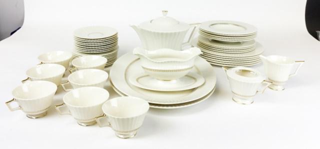 45 Pieces Lenox Cretan Pattern Dinnerware: 6 dinner plates, 4 salad plates, 5 bowls, 8 bread & butter plates, 9 saucers, 7 cups, 2 oval platters, 1 gravy boat, 1 teapot, sugar & creamer (sugar bowl missing lid). Platters 17"L