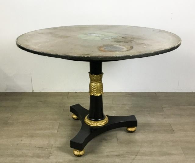 Gilt Round Regency Style Table: With mismatched decorated slate top. Wear to top. 31"H x 42"-diameter