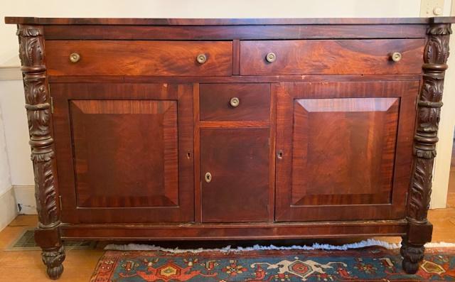 Mahogany Empire Sideboard: Carved and Figured Mahogany Empire Sideboard - American 1840 39" H X 60" W X 21 1/2" D