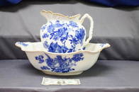Antique Flow Blue Wash Bowl And Pitcher Set