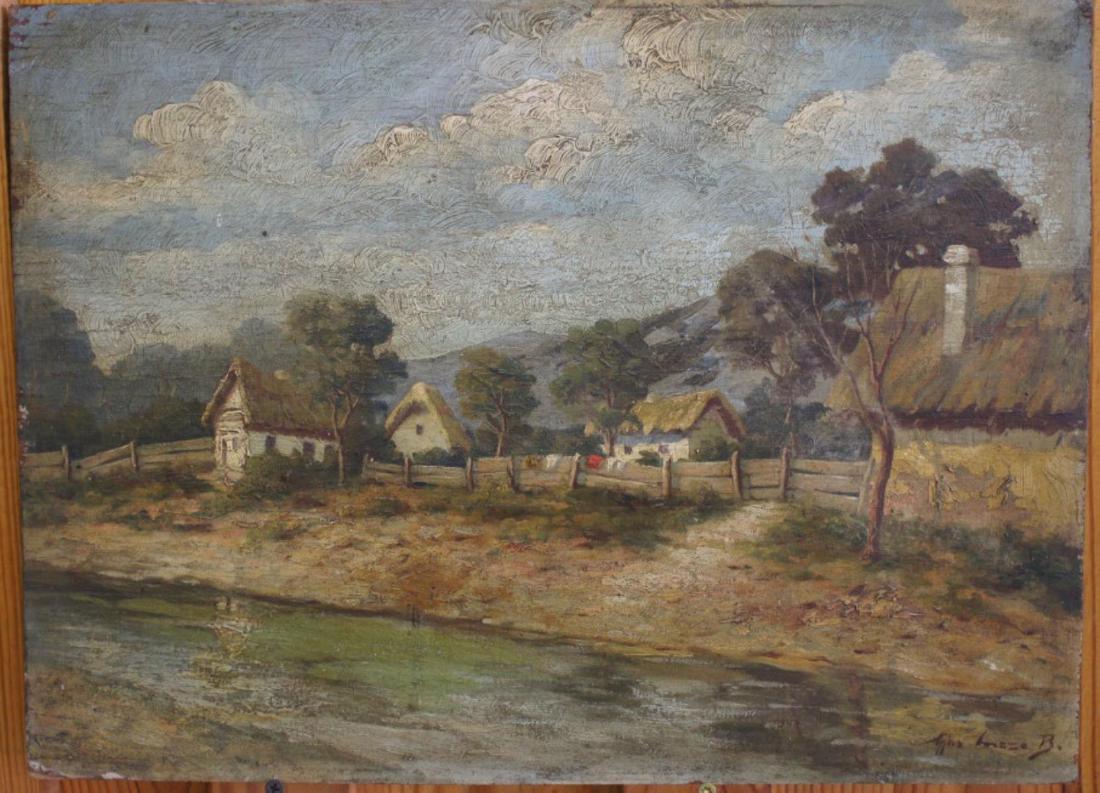 Antique Oil o Board Village Scene Landscape (1 of 10)