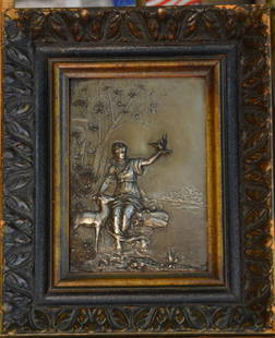 Early Framed Bronze Plaque: This lot features a plaque of a girl in the forest with a deer & bird. Measures 14'' x 17''. See photos for details. Shipping available