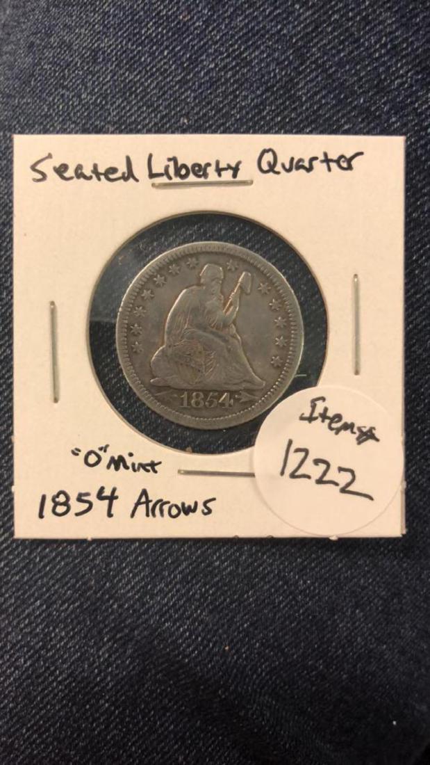 1854-o with arrows , seated liberty quarter VF (1 of 2)