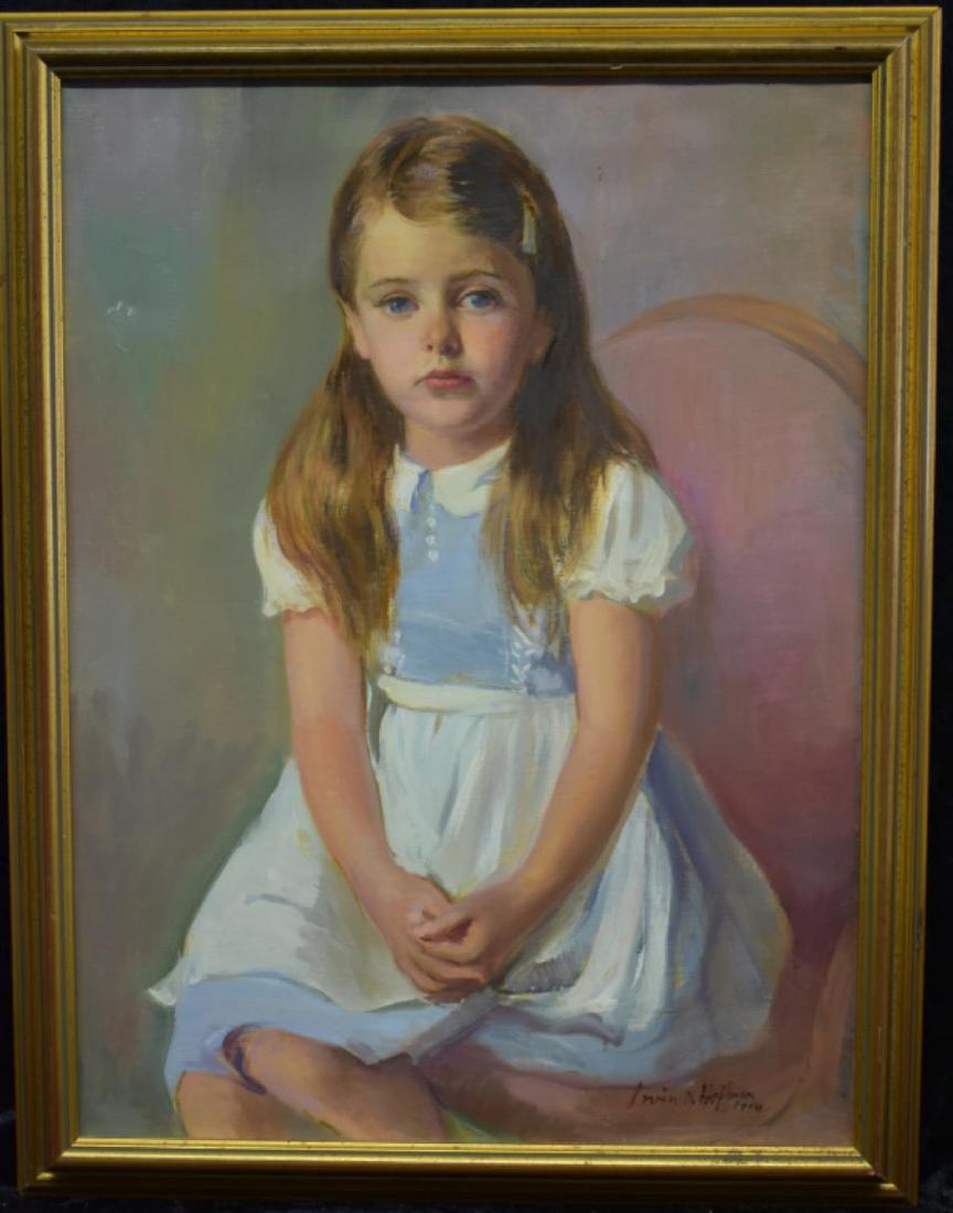 1958 Irwin D. Hoffman Portrait of a Girl O/C: This lot features an original oil on canvas portrait of a girl by Irwin D. Hoffman (American 1901 - 1989). Signed "Irwin D. Hoffman 1958" lower right register. Framed, measures 26.75" x 20.75". Proven