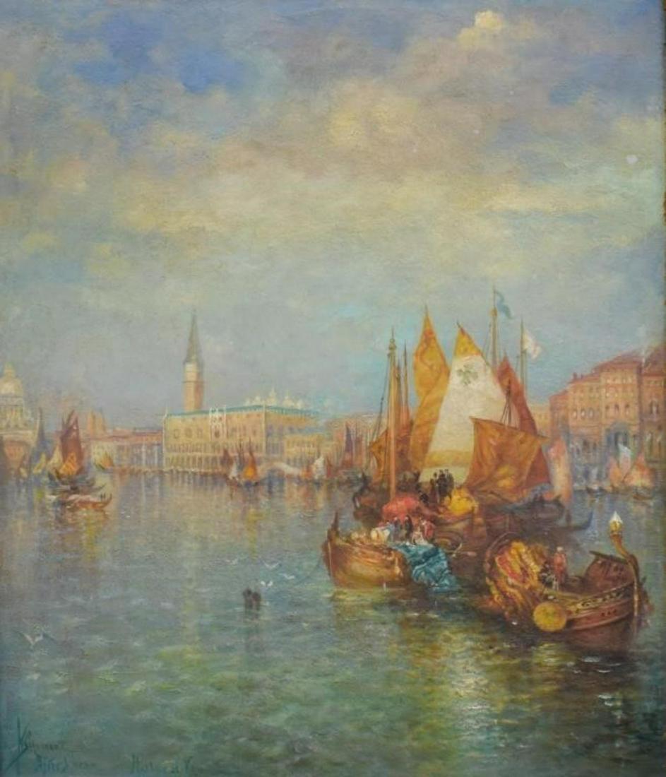 (after) Thomas Moran The Harbor at Venice O/B: This lot features a beautiful oil on board "after" painting done in the style of Thomas Moran's "Venetian Grand Canal" painting. This after piece was painted by K. Scheinert (?) Signed lower left regi