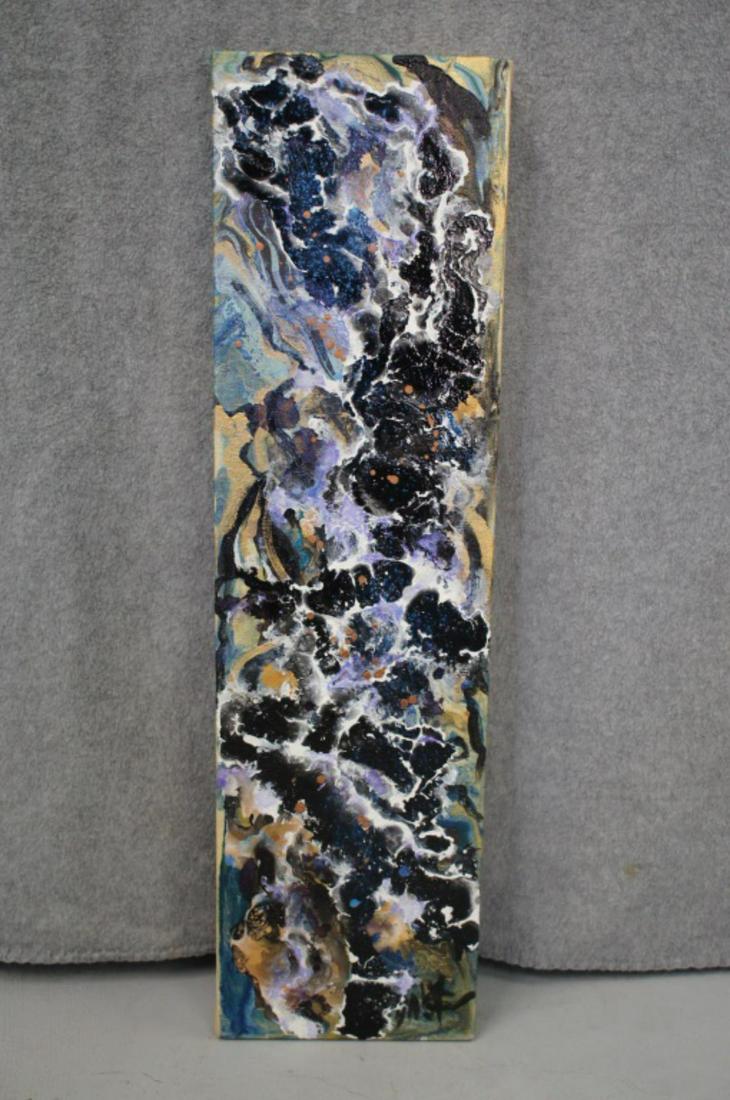 Abstract Acrylic on Canvas by Jerrie Gast: 6 x 22. This artwork was painted by a local artist by the name of Jerrie Gast. Mrs. Gast has passed away, but she leaves behind some unique and beautiful pieces of art. She made a variety of artwork i