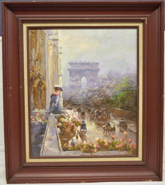 J. Gaston Parisian Balcony Scene: Oil on canvas. Measures 24" x 20", framed 32" x 28". Signed "J. Gaston" lower left register. Painting has a COA. This piece comes from the Dickenson Estate of Knoxville, Tennessee. See Photos for Deta