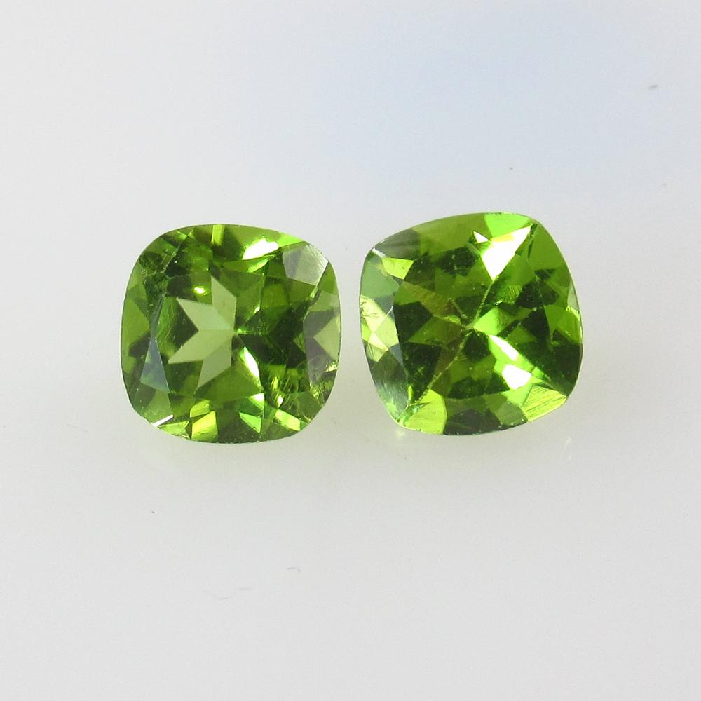 3.12 Ct Natural Peridot Pair: Weight - 3.12 Ct / Size - 7.10 x 7.10 x 4.50 mm / 2 PC's / Shape - Cushion Cut / Color - Green / Clarity - VVS / Origin - Pakistan / Treatment - None