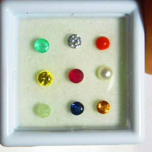 Calibrate 3 mm Round Natural Navratna 9 Gemstones Set: 9 Stones - Emerald, American Diamond(AD), Pearl, Yellow Sapphire, Ruby, Coral, Catseye, Blue Sapphire & Garnet