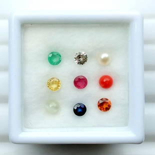 Calibrate 3 mm Round Natural Navratna 9 Gemstones Set: 9 Stones - Emerald, American Diamond(AD), Pearl, Yellow Sapphire, Ruby, Coral, Catseye, Blue Sapphire & Garnet / Stock Id : N11815