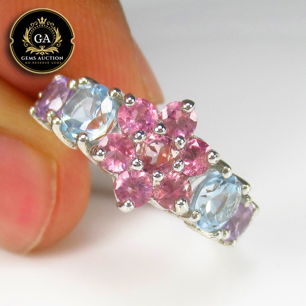 3.66g 925 Natural Tourmaline, Topaz, Amethyst Silver Ring (1 of 4)