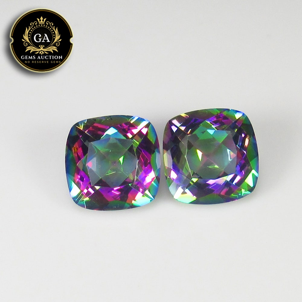 11.35 Ct Coated Flawless Mystic Quartz Multicolor Rainbow  Cushion Pair (1 of 3)