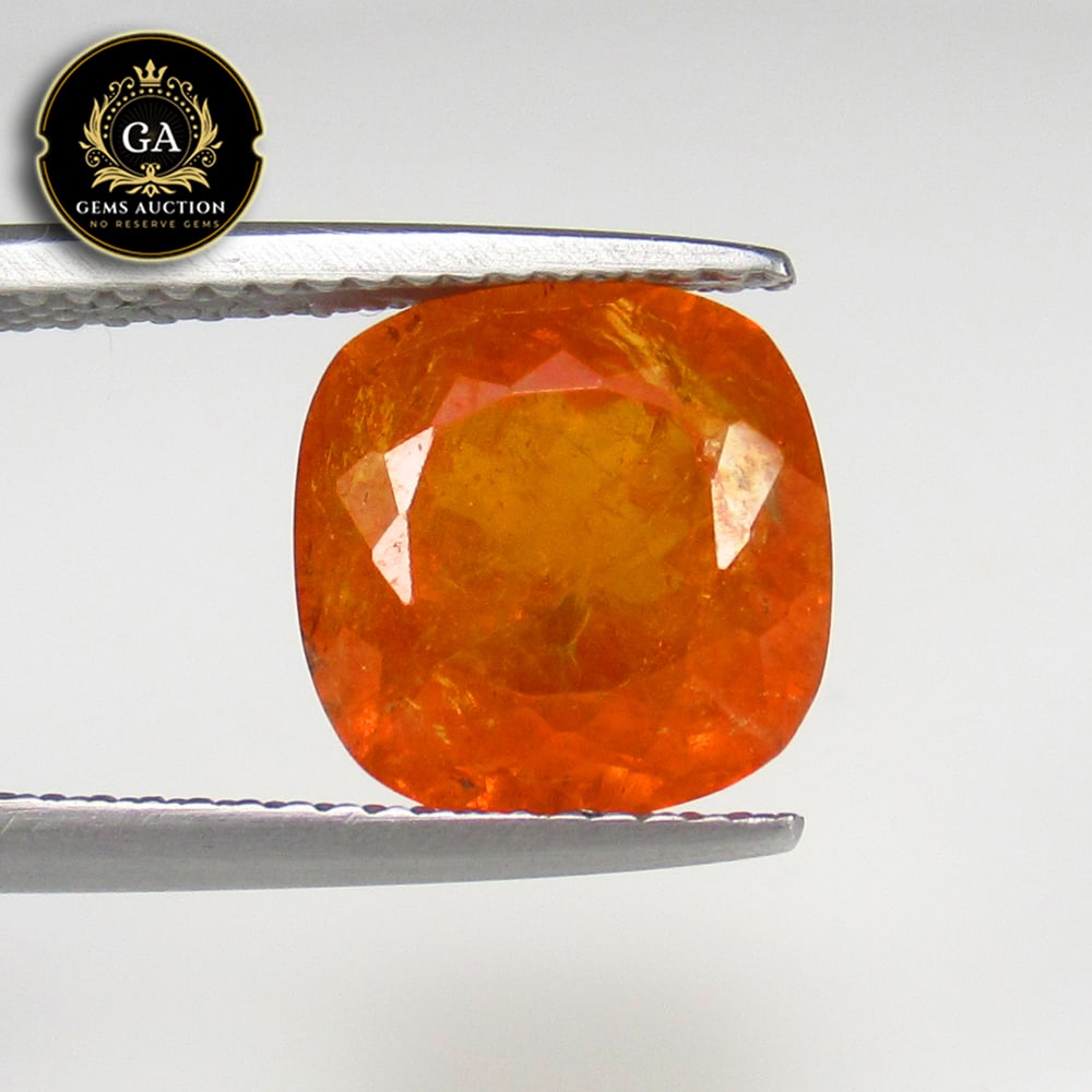 5.02 Ct Natural Fanta Orange Spessarite Garnet Cushion Cut: Weight - 5.02 Ct / Size - 9.50 x 9.50 x 5.80 mm/ Shape - Cushion Cut / Clarity - SI / Origin - Madagascar / Treatment - None