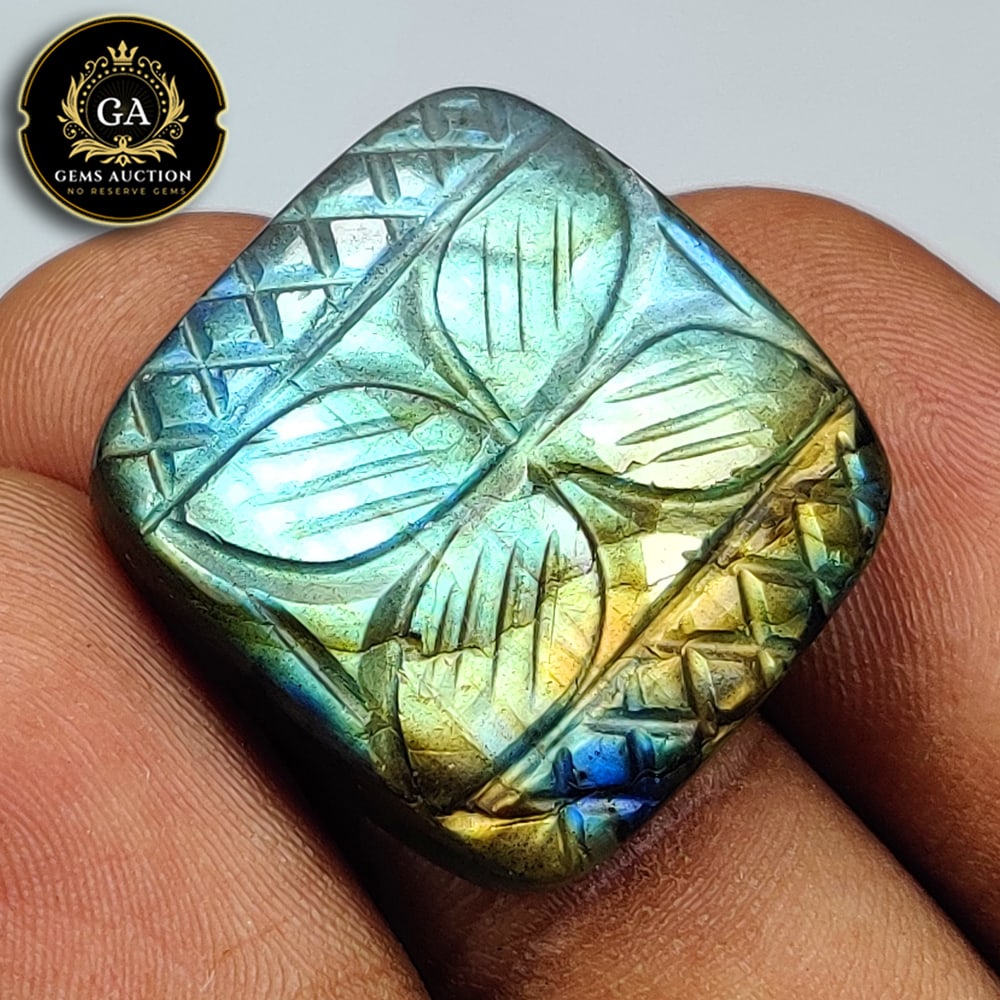 31.62 Ct Natural Blue Shaded Labradorite Cushion Art Carving Cab: Weight - 31.62 Ct / Size - 23.00 x 20.70 x 7.00 mm / Shape - Cushion Art Carving / Clarity - Opaque / Origin - Africa / Treatment - None