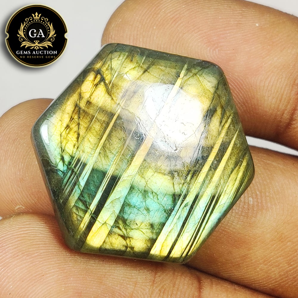 40.98 Ct Natural Labradorite Hexagon Cab: Weight - 40.98 Ct / Size - 30.00 x 27.00 x 6.70 mm / Shape - Excellent Hexagon Cabochon / Clarity - Opaque / Origin - Africa / Treatment - None