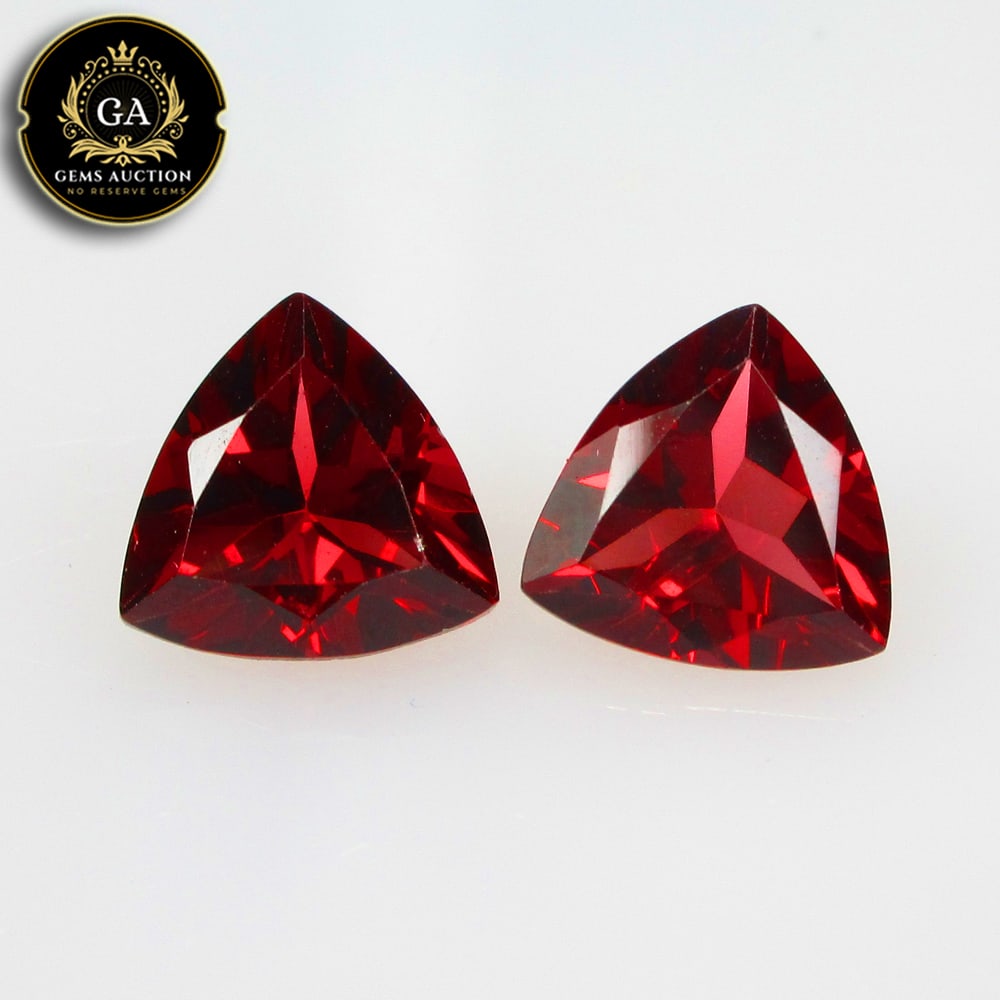 3.81 Ct Natural Rhodolite Garnet Almandine Red Trillion Cut Pair: Weight - 3.81 Ct / Size - 8.20 x 8.10 x 4.30 mm / 2 PC's / Shape - Trillion Cut / Clarity - VVS / Origin - Nigeria / Treatment - None