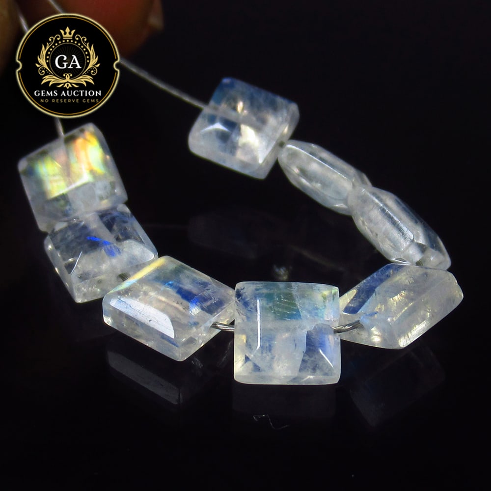 7.09 Ct Natural Blue Tint Moonstone Square Beads: Weight - 7.09 Ct / Size - 5.4x5.4 - 5.5x5.5 mm / 8 Pc's / Shape - Square Beads / Clarity - Semi-Transparent / Origin - India / Treatment - None