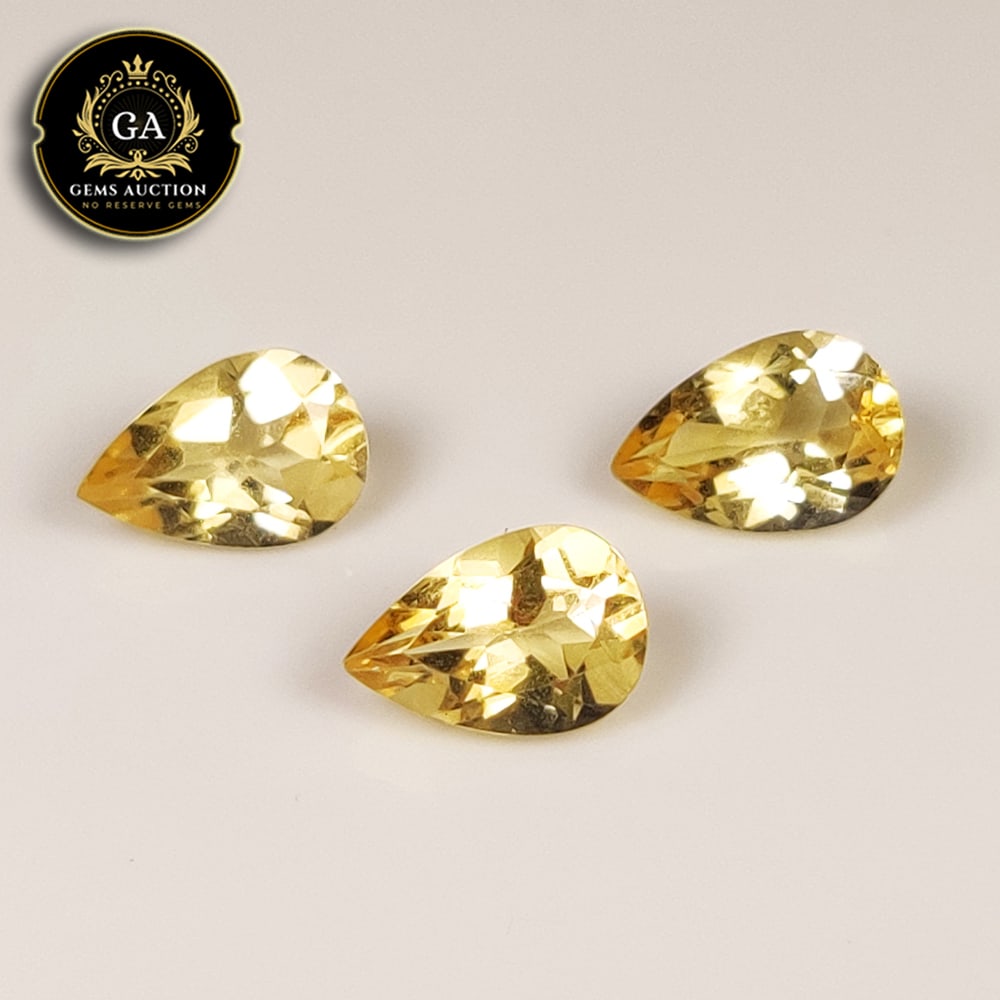 3.52 Ct Natural Citrine Pear Cut Set: Weight - 3.52 Ct / Size - 9.0x6.1 - 9.2x6.2 mm / 3 Pc's / Shape - Pear Cut / Color - Yellow / Clarity - VVS / Origin - Brazil / Treatment - None