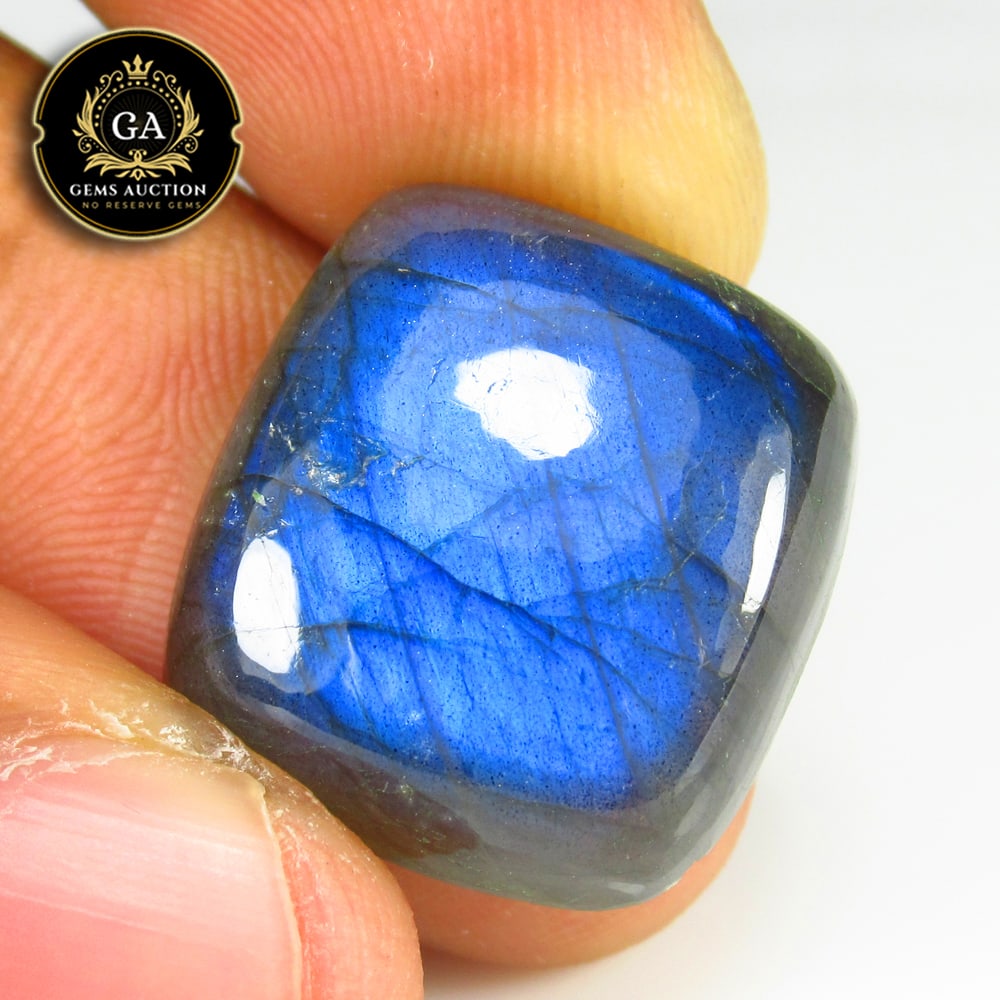 22.40 Ct Natural Blue Shaded Labradorite Cushion Cab: Weight - 22.40 Ct / Size - 18.70 x 17.20 x 7.10 mm / Shape - Excellent Cushion Cab / Clarity - Opaque / Origin - Africa / Treatment - None